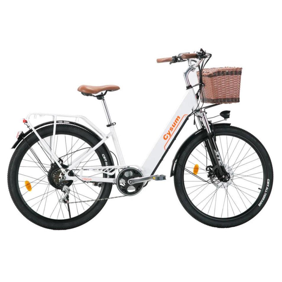 A white Cysum Cityrun Electric Bike with a front basket