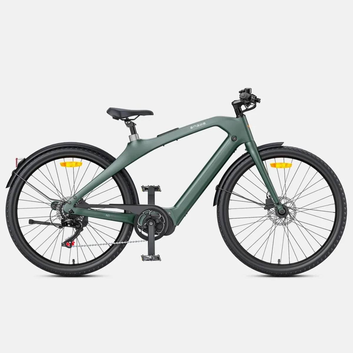 A matte dark green electric bicycle with black tires, fenders, saddle, and handlebars, displayed on a clean light gray background.