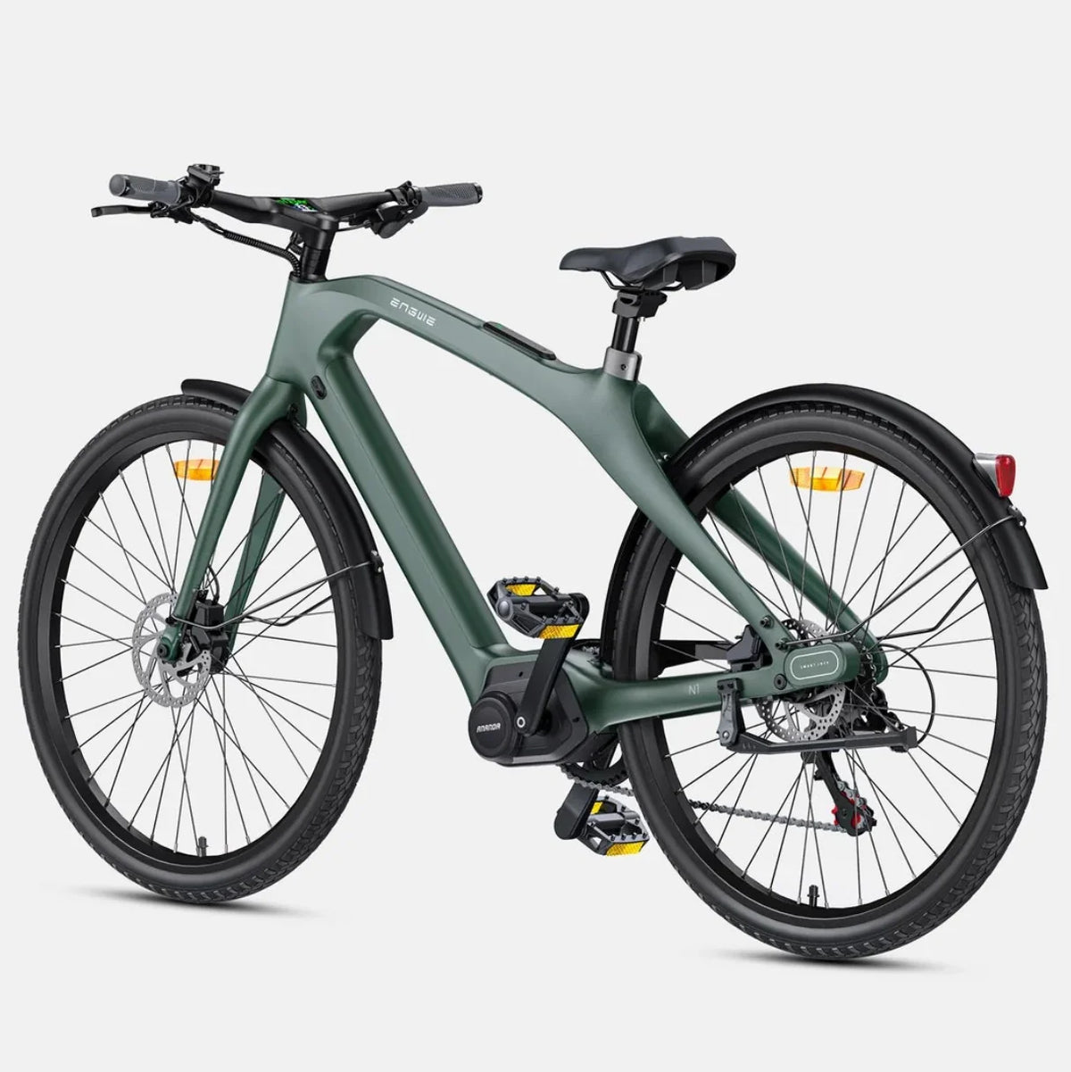 A step-through electric bicycle in matte dark green with black components, shown from a three-quarters front angle on a light gray background.