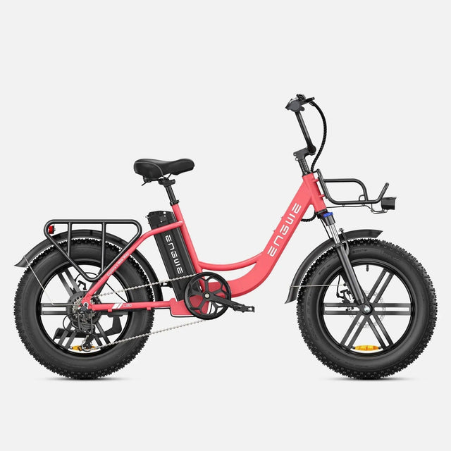 An electric bike featuring a pink seat and black wheels, showcasing a modern design suitable for urban commuting.