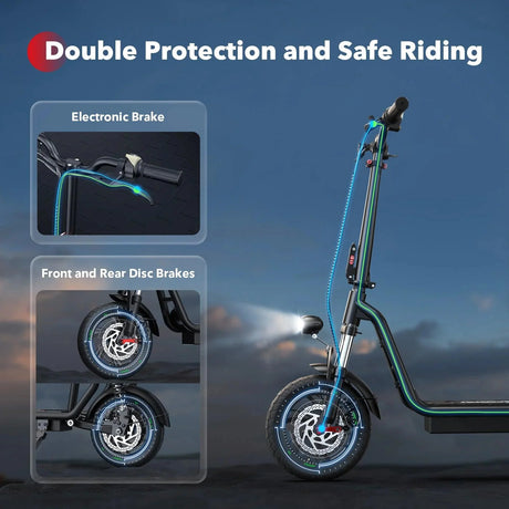 iScooter i12 with electric scooter with seat and carry basket brake features.
