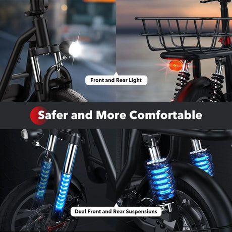 iScooter i12 with electric scooter with seat and carry basket.