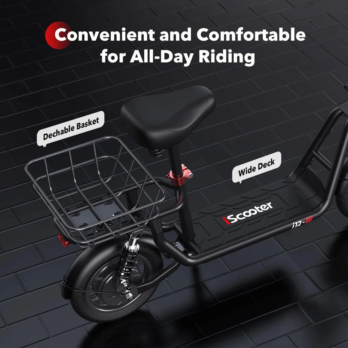 iScooter i12 with electric scooter with seat and carry basket.