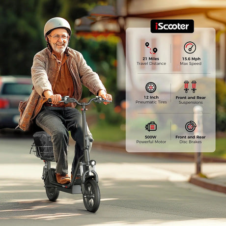 iScooter i12 with electric scooter with seat and carry basket.