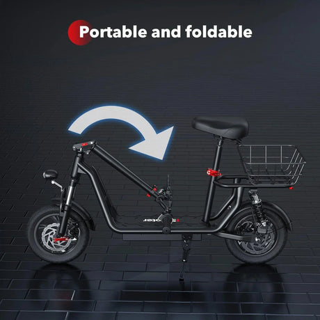iScooter i12 with electric scooter with seat and carry basket.