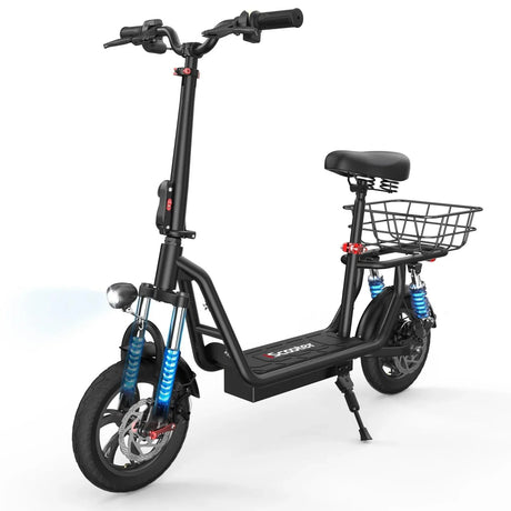 iScooter i12 with electric scooter with seat and carry basket.