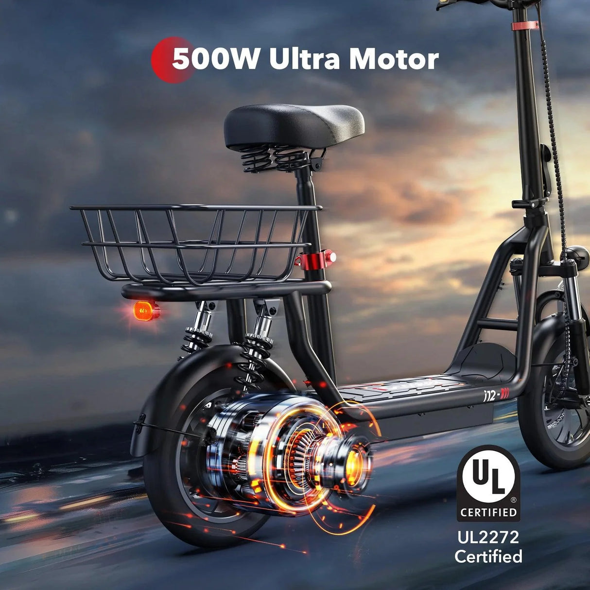 iScooter i12 with electric scooter with seat and carry basket.