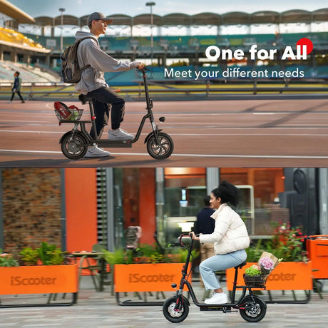 iScooter i12 with electric scooter with seat and carry basket.