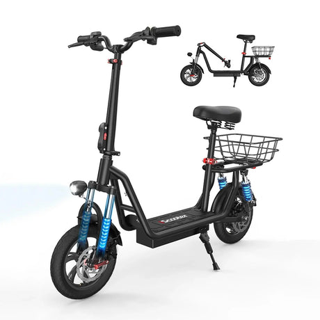 iScooter i12 with electric scooter with seat and carry basket.