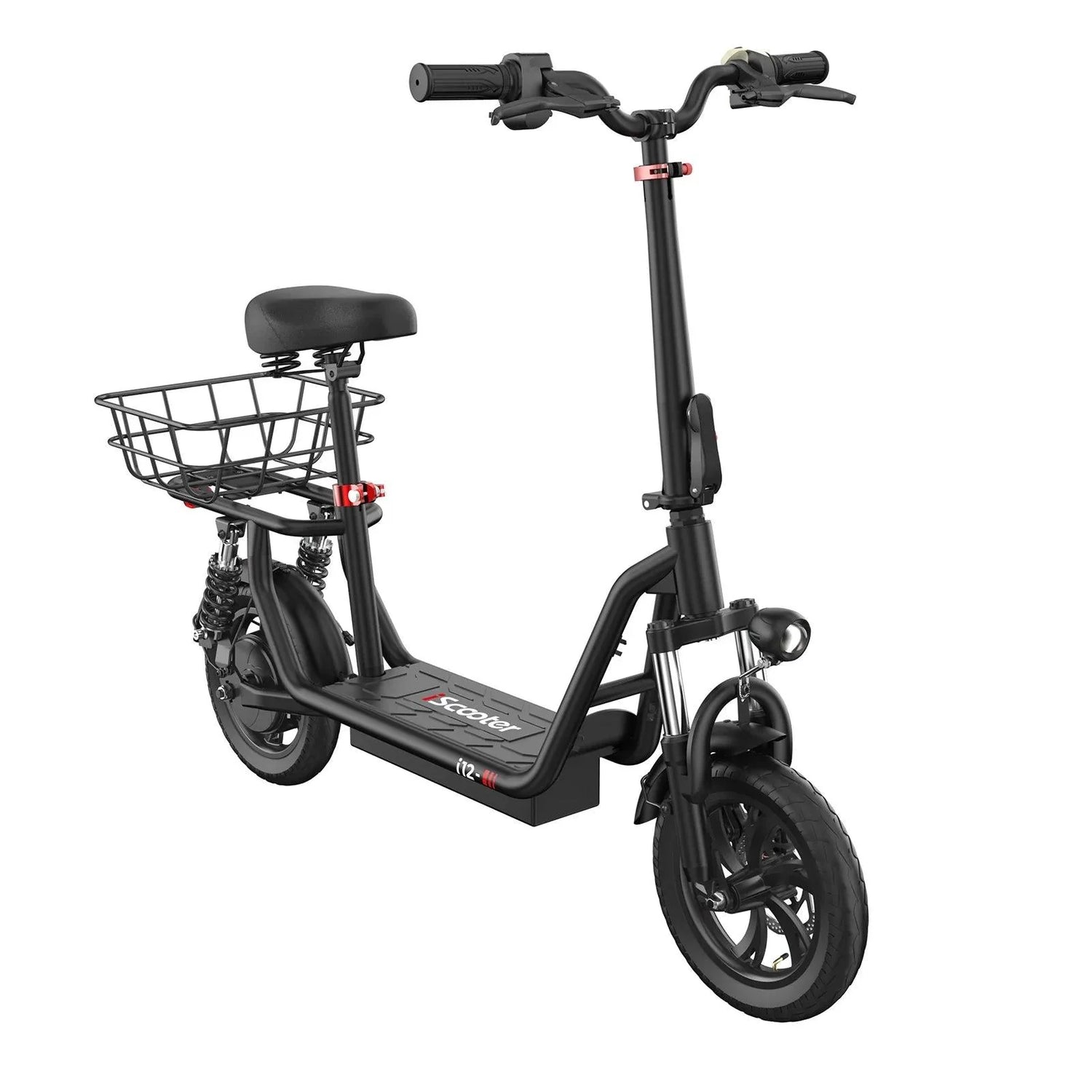 iScooter i12 with electric scooter with seat and carry basket.