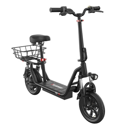 iScooter i12 with electric scooter with seat and carry basket.