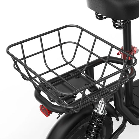 iScooter i12 with electric scooter with seat and carry basket.