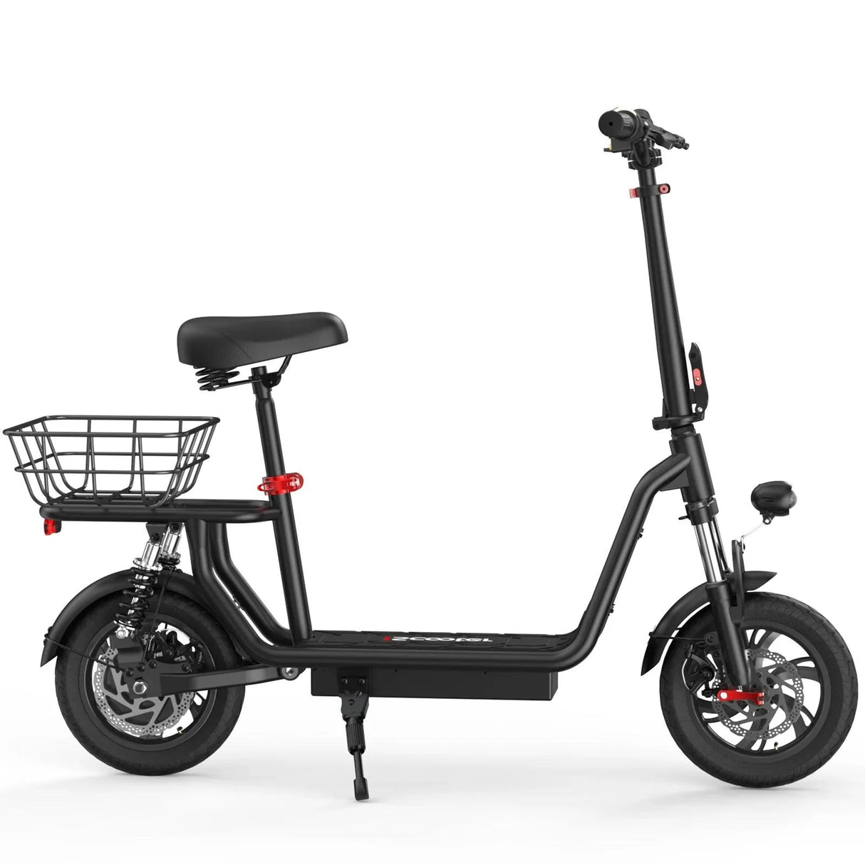 iScooter i12 with electric scooter with seat and carry basket.
