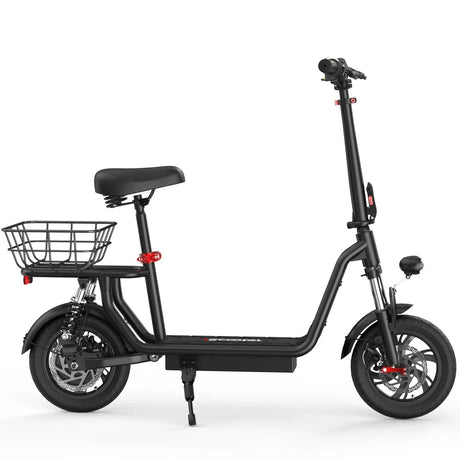 iScooter i12 with electric scooter with seat and carry basket.