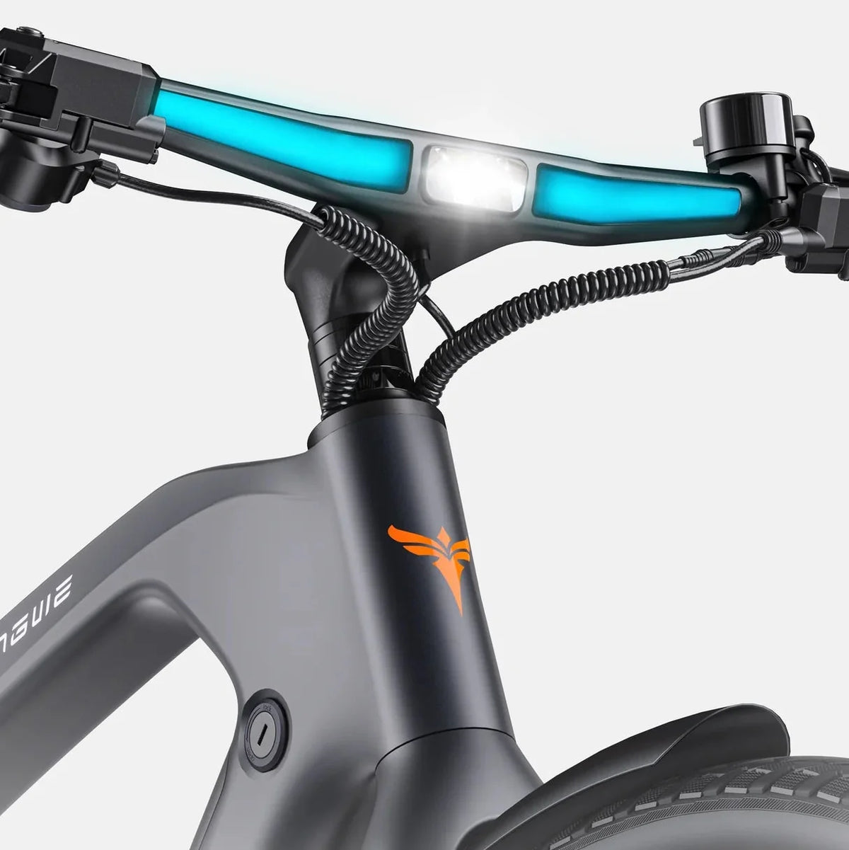 Close-up of a bicycle handlebar area with a black frame, bright blue illuminated light bars, a white center light, and an orange logo on the downtube against a light gray background.