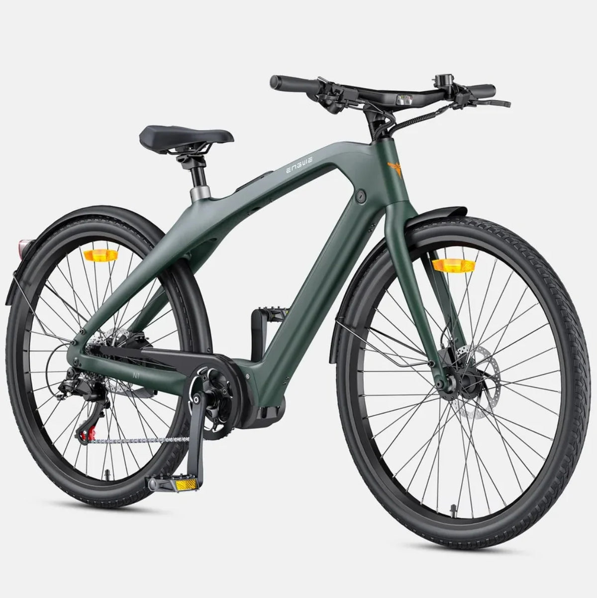 A matte dark gray electric bicycle with black components, shown from a three-quarters front angle on a light gray background.