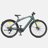 A matte dark green electric bicycle with black tires, fenders, saddle, and handlebars, displayed on a clean light gray background.