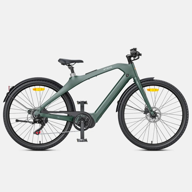 A matte dark green electric bicycle with black tires, fenders, saddle, and handlebars, displayed on a clean light gray background.