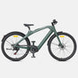 A matte dark green electric bicycle with black tires, fenders, saddle, and handlebars, displayed on a clean light gray background.