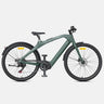 A matte dark green electric bicycle with black tires, fenders, saddle, and handlebars, displayed on a clean light gray background.