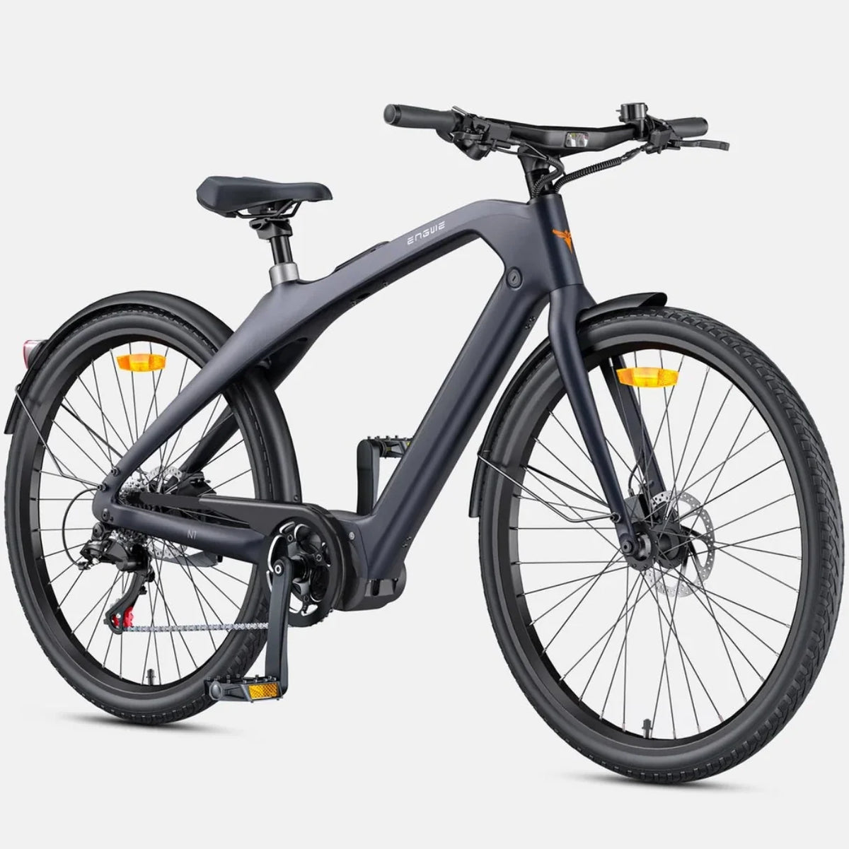 A matte dark gray electric bicycle with black components, shown from a three-quarters front angle on a light gray background.